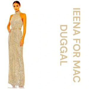 IEENA FOR MAC DUGGAL Gold Sequined Halter Neck Belted Soft Tie Gown, Size 4